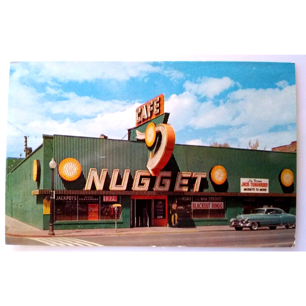 Nugget Casino Postcard Sparks Nevada Cafe Neon Sign Old Car Automobile Chrome